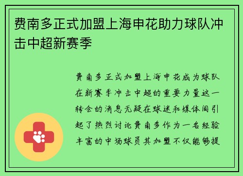 费南多正式加盟上海申花助力球队冲击中超新赛季