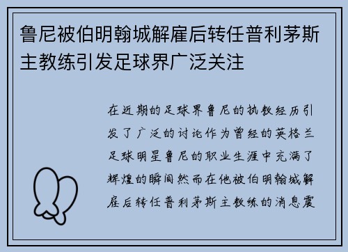 鲁尼被伯明翰城解雇后转任普利茅斯主教练引发足球界广泛关注